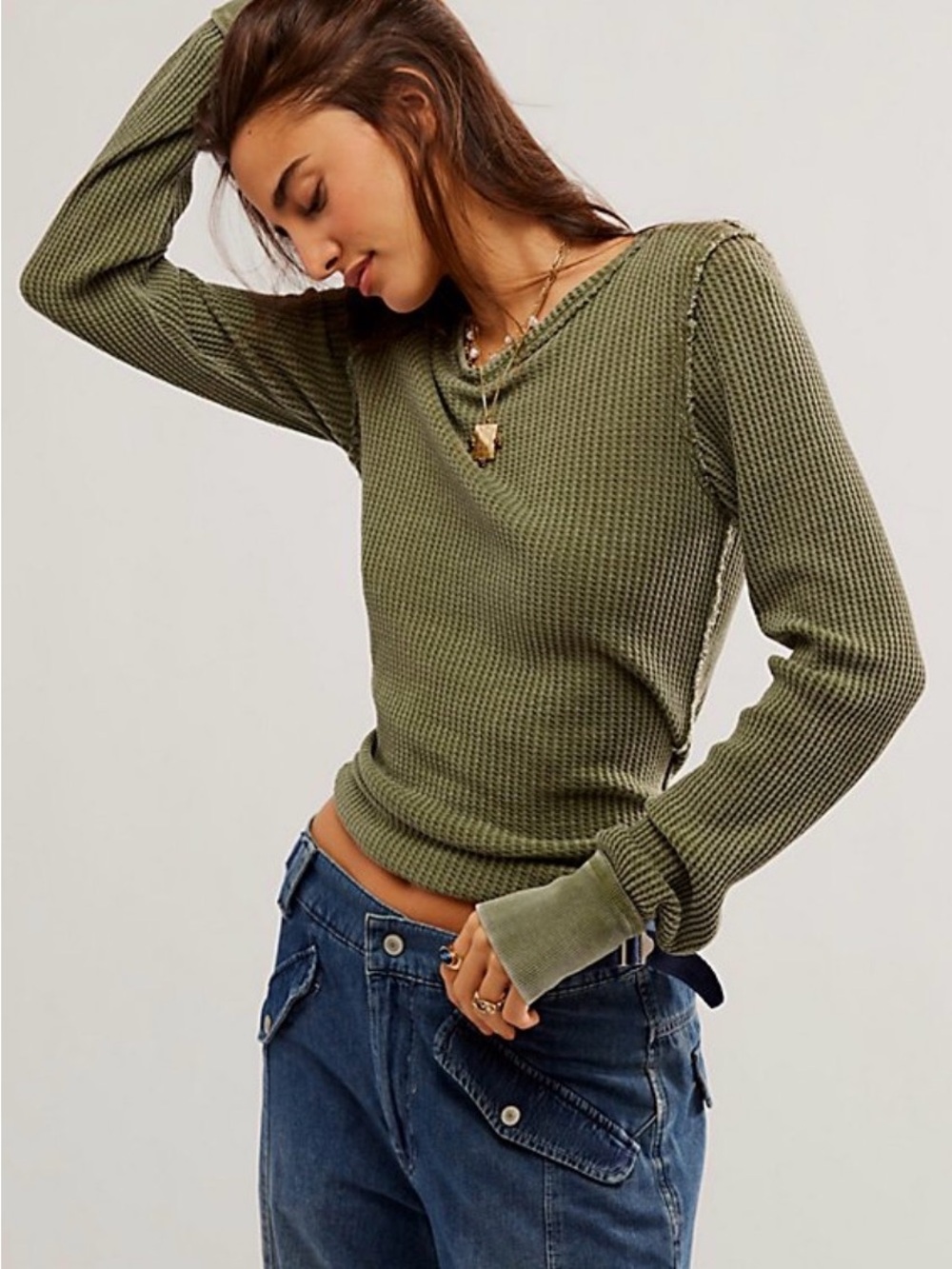 We The Free Woman Sm Waffle Knit Long Sleeve Sweater Moss Green Distressed Style